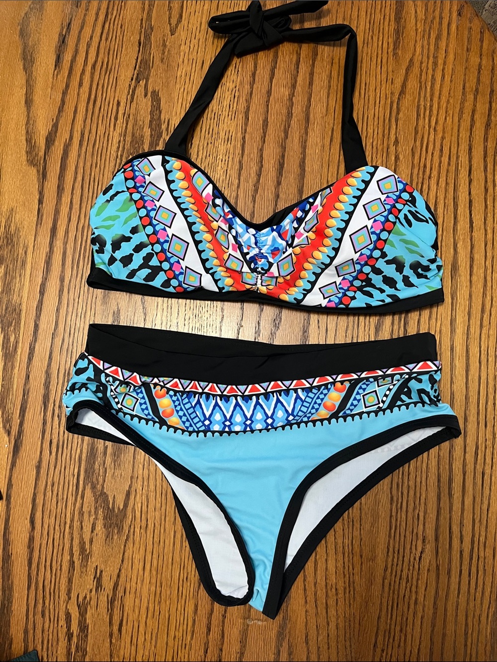 Women’s Turquoise Patterned Bandeau Bikini Set - Brand Unknown